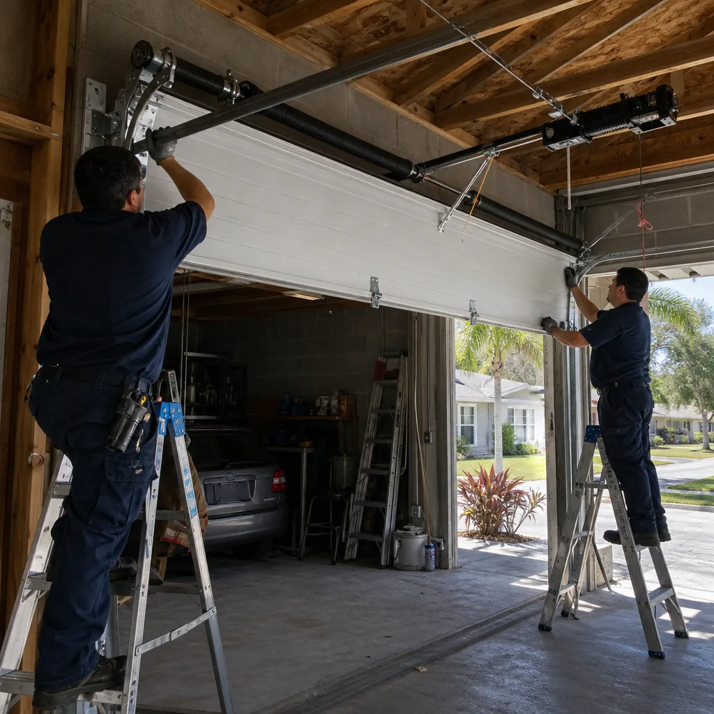 Two professional technicians performing a new garage door installation on site.