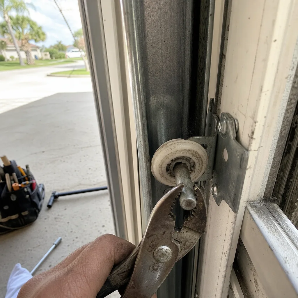 Technician using pliers for garage door roller repair