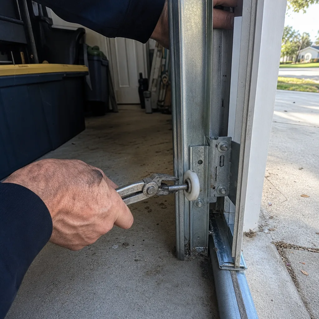 Technician using pliers to repair a residential garage door roller