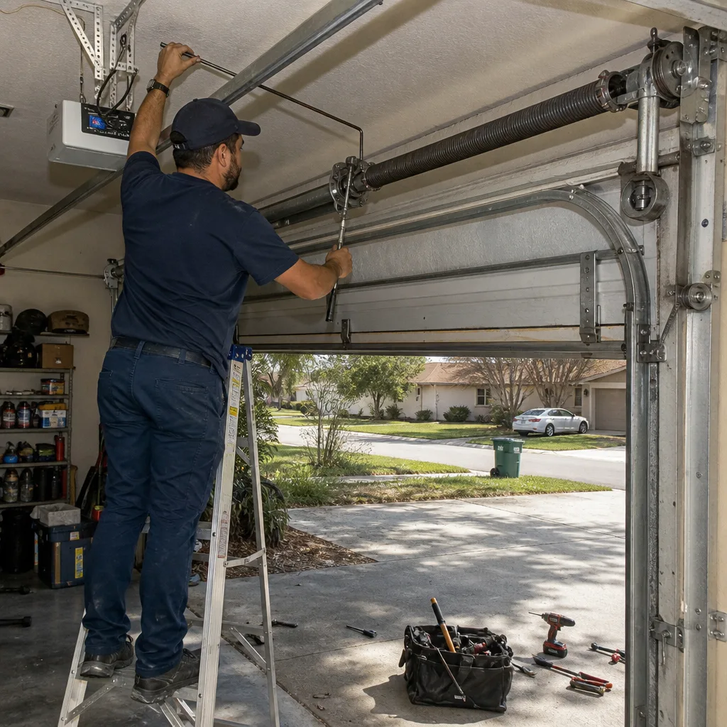 Technician performing professional garage door spring repair and maintenance